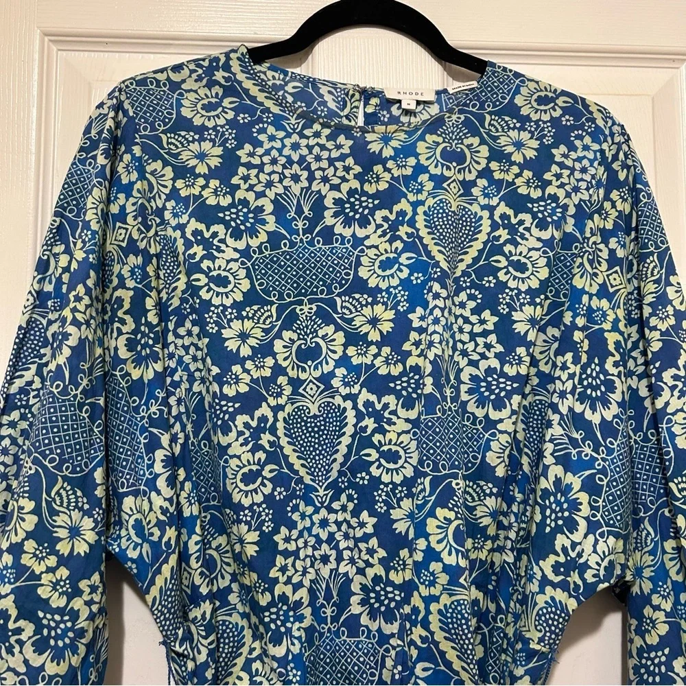 RHODE Floral Print Dress Blue Cream Feminine Ruffle Cotton Beach Vacation Sz Med